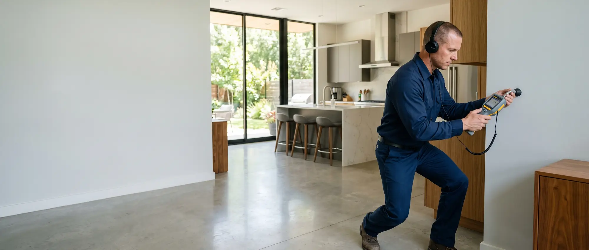 Plumber using leak detection equipment on a home water line